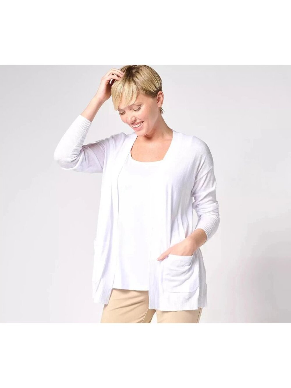 Denim & Co. By the Beach Cardigan sz XL Pockets Open White A640988